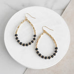 Wood & Gold Beaded Teardrop Earrings- Black