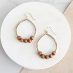 Wood & Gold Beaded Teardrop Earrings- Brown