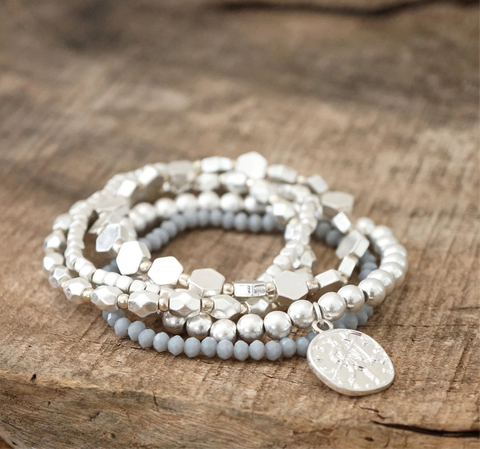 5 piece Boho Bracelet Stack with Coin in Silver Tone