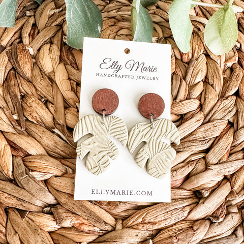 Green Embossed Monstera Clay Earrings