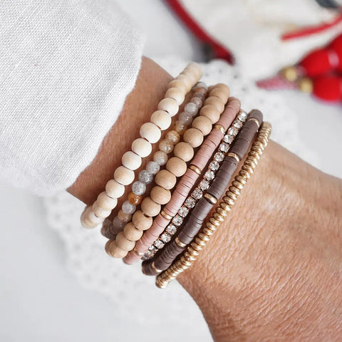 7 Piece Beaded Bracelets Stack in Neutral Tones