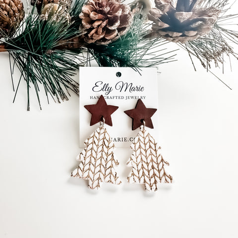 White And Gold Knitted Tree Clay Earrings